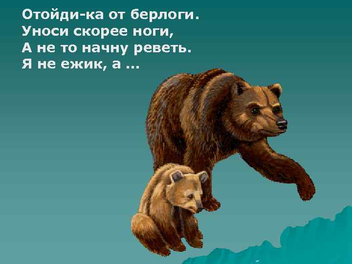 Отойди-ка от берлоги. Уноси скорее ноги, А не то начну реветь. Я не ежик,