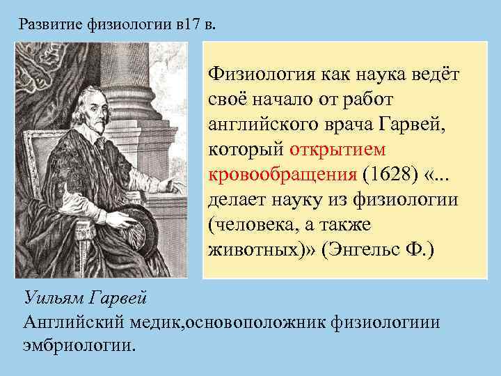 Развитие физиологии в 17 в. Физиология как наука ведёт своё начало от работ английского