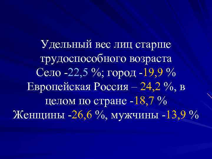 Удельный вес лиц старше трудоспособного возраста Село -22, 5 %; город -19, 9 %