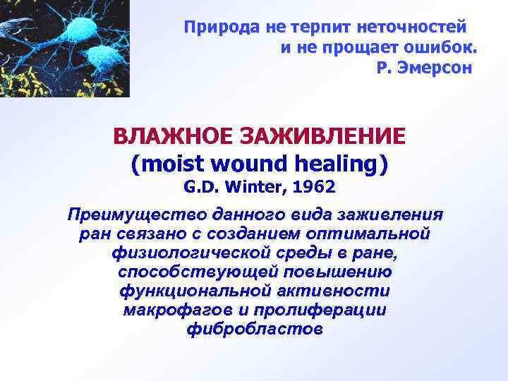 Природа не терпит неточностей и не прощает ошибок. Р. Эмерсон ВЛАЖНОЕ ЗАЖИВЛЕНИЕ (moist wound