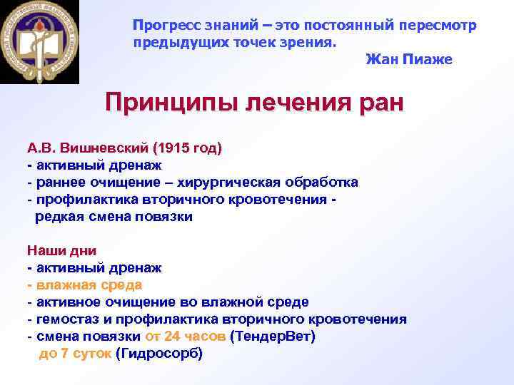 Прогресс знаний – это постоянный пересмотр предыдущих точек зрения. Жан Пиаже Принципы лечения ран