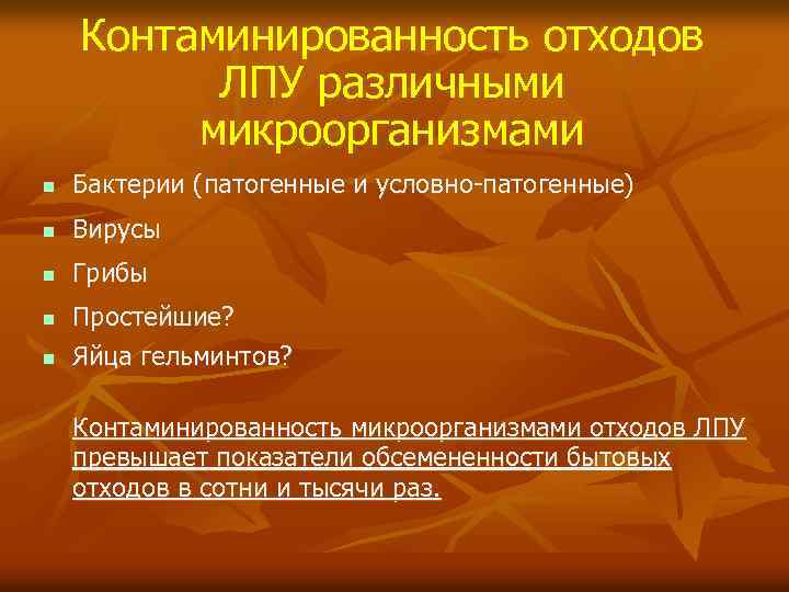 Контаминированность отходов ЛПУ различными микроорганизмами n Бактерии (патогенные и условно-патогенные) n Вирусы n Грибы