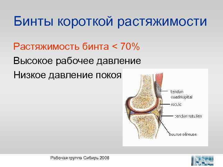 Бинты короткой растяжимости Растяжимость бинта < 70% Высокое рабочее давление Низкое давление покоя Рабочая