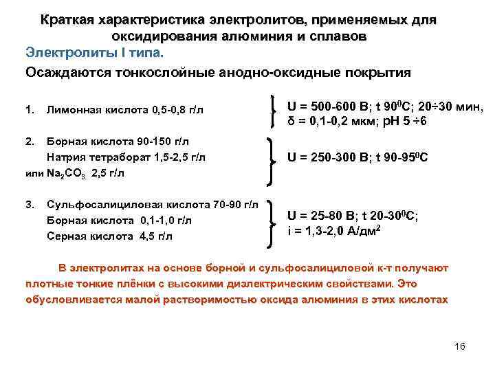 Краткая характеристика электролитов, применяемых для оксидирования алюминия и сплавов Электролиты I типа. Осаждаются тонкослойные