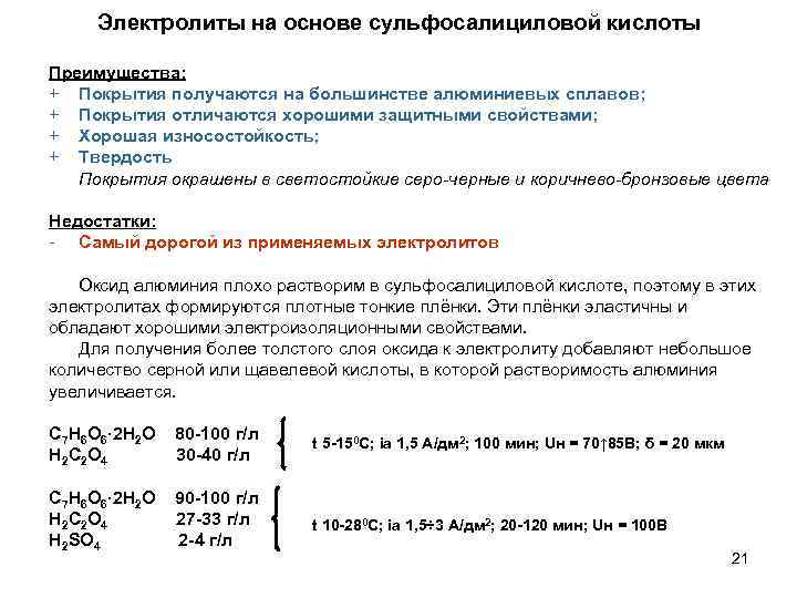 Электролиты на основе сульфосалициловой кислоты Преимущества: + Покрытия получаются на большинстве алюминиевых сплавов; +
