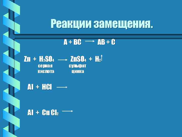 Реакции замещения. А + ВС Zn + H 2 SO 4 серная кислота Al