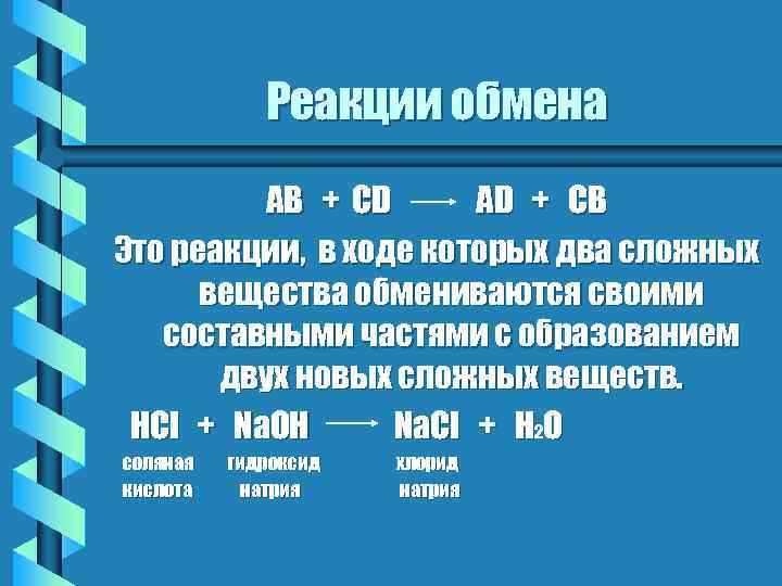 Реакции обмена AB + CD AD + CB Это реакции, в ходе которых два