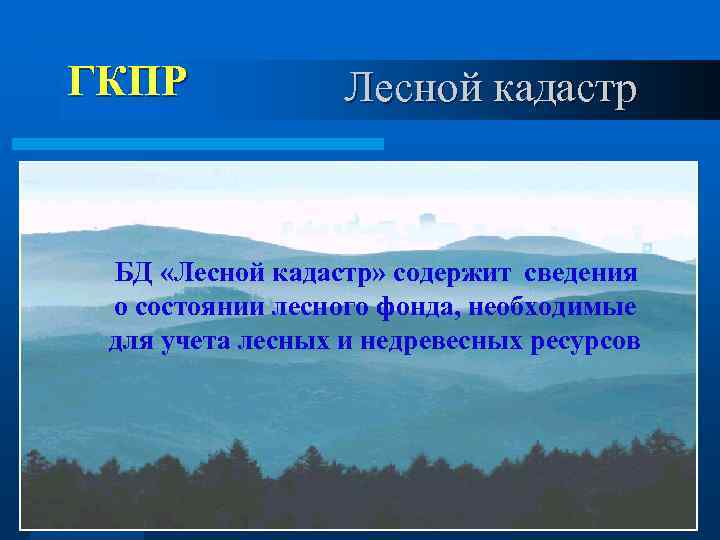 ГКПР Лесной кадастр БД «Лесной кадастр» содержит сведения о состоянии лесного фонда, необходимые для
