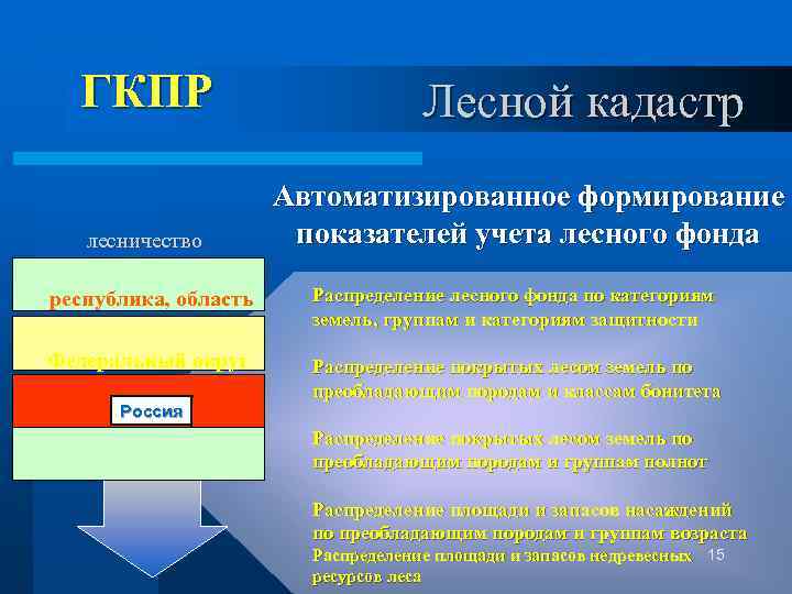  ГКПР лесничество Лесной кадастр Автоматизированное формирование показателей учета лесного фонда республика, область Распределение