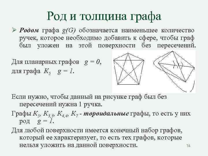 Род и толщина графа Ø Родом графа g(G) обозначается наименьшее количество ручек, которое необходимо