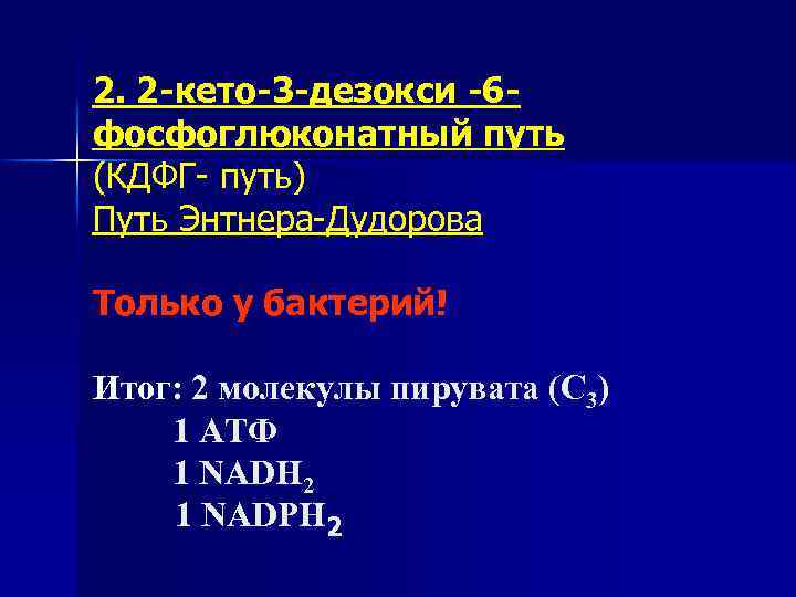 2. 2 -кето-3 -дезокси -6 фосфоглюконатный путь (КДФГ- путь) Путь Энтнера-Дудорова Только у бактерий!