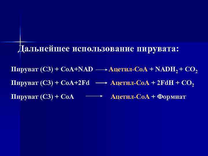 Дальнейшее использование пирувата: Пируват (С 3) + Со. А+NAD Ацетил-Co. А + NADH 2