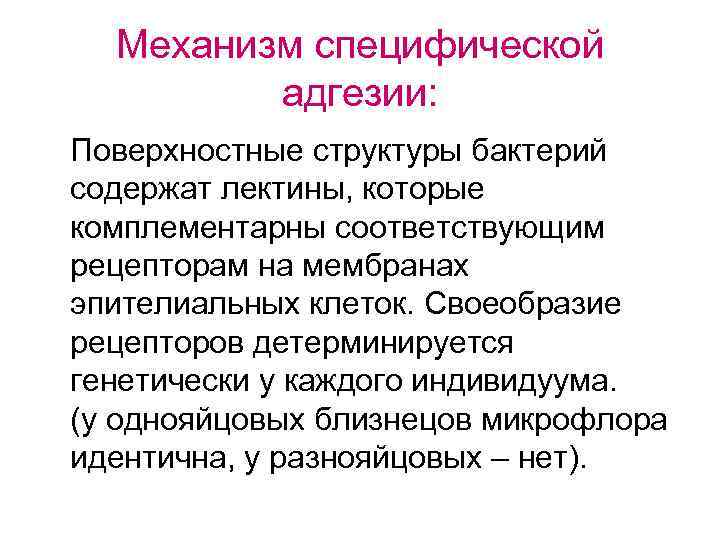 Механизм специфической адгезии: Поверхностные структуры бактерий содержат лектины, которые комплементарны соответствующим рецепторам на мембранах