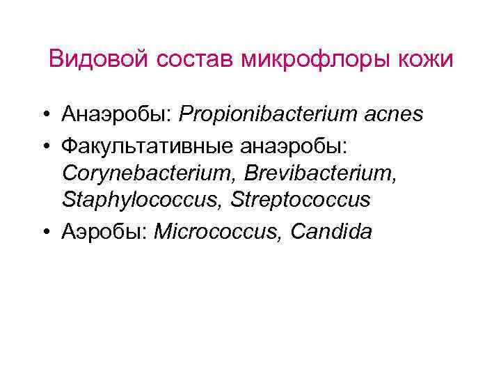 Видовой состав микрофлоры кожи • Анаэробы: Propionibacterium acnes • Факультативные анаэробы: Corynebacterium, Brevibacterium, Staphylococcus,