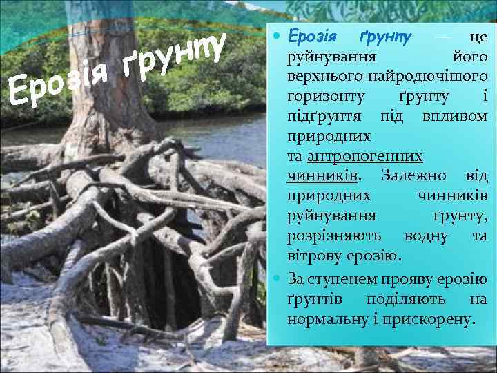 нту ґру зія Ерозія ґрунту — це руйнування його верхнього найродючішого горизонту ґрунту і