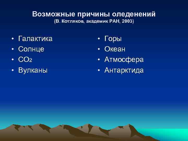  Возможные причины оледенений (В. Котляков, академик РАН, 2003) • Галактика • Горы •