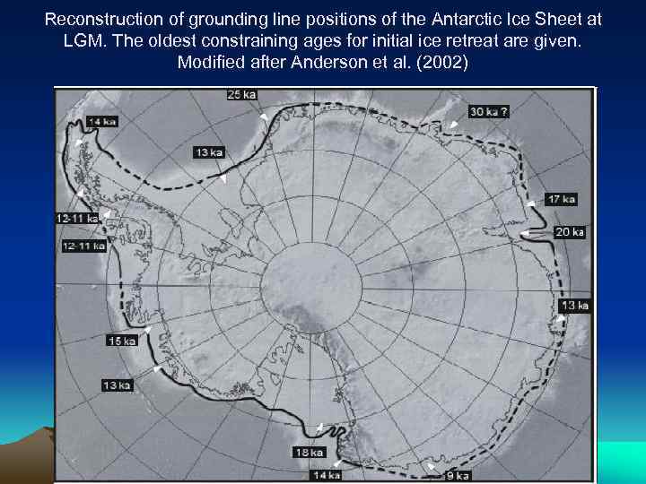 Reconstruction of grounding line positions of the Antarctic Ice Sheet at LGM. The oldest