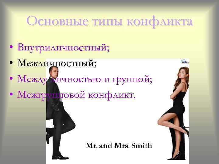 Основные типы конфликта • • Внутриличностный; Между личностью и группой; Межгрупповой конфликт. 