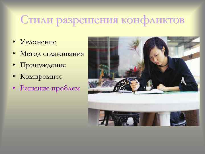 Стили разрешения конфликтов • • • Уклонение Метод сглаживания Принуждение Компромисс Решение проблем 