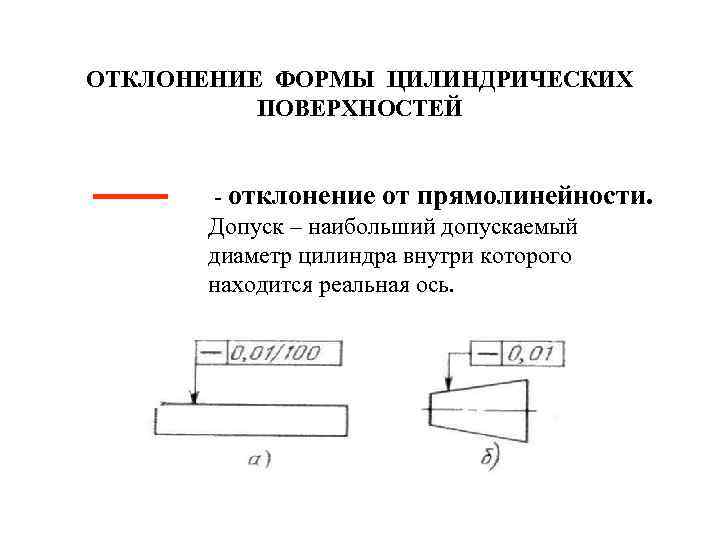 ОТКЛОНЕНИЕ ФОРМЫ ЦИЛИНДРИЧЕСКИХ ПОВЕРХНОСТЕЙ - отклонение от прямолинейности. Допуск – наибольший допускаемый диаметр цилиндра