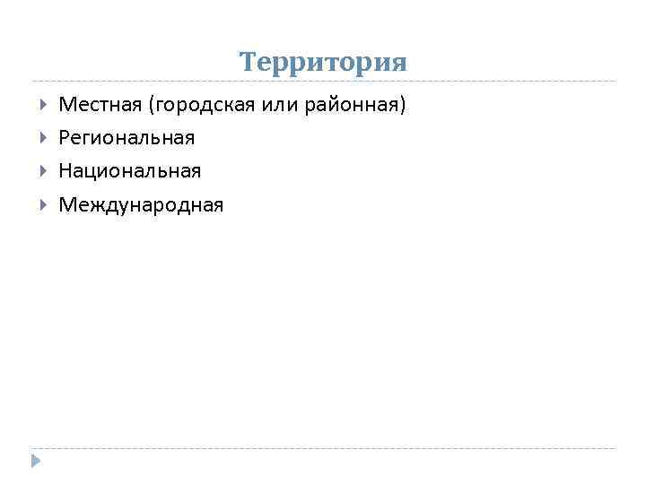 Территория Местная (городская или районная) Региональная Национальная Международная 