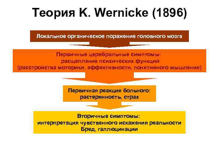  Теория K. Wernicke (1896) Локальное органическое поражение головного мозга Первичные церебральные симптомы: расщепление