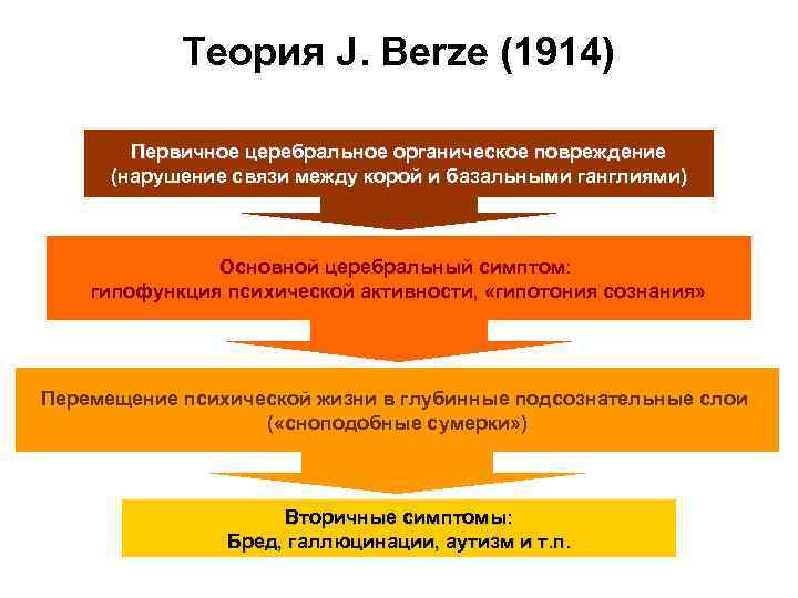  Теория J. Berze (1914) Первичное церебральное органическое повреждение (нарушение связи между корой и