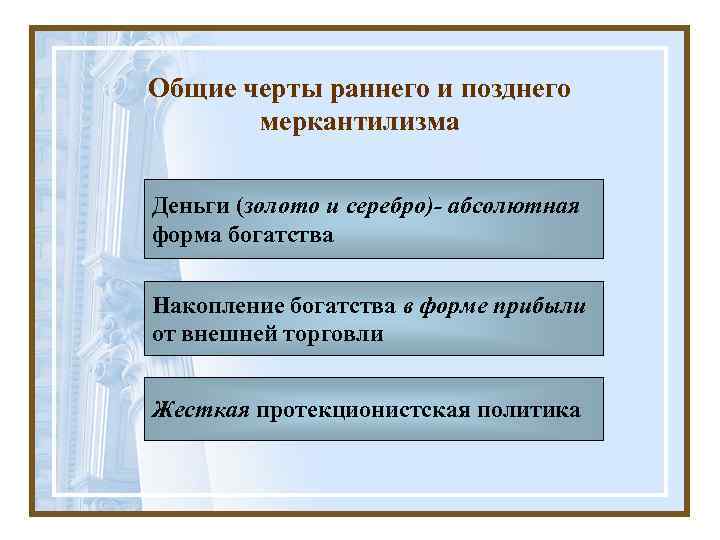 Общие черты раннего и позднего меркантилизма Деньги (золото и серебро)- абсолютная форма богатства Накопление