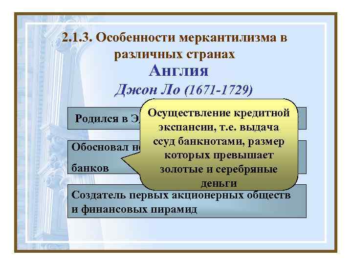 2. 1. 3. Особенности меркантилизма в различных странах Англия Джон Ло (1671 -1729) Осуществление