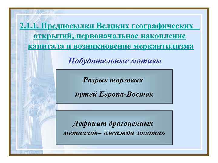 2. 1. 1. Предпосылки Великих географических открытий, первоначальное накопление капитала и возникновение меркантилизма Побудительные