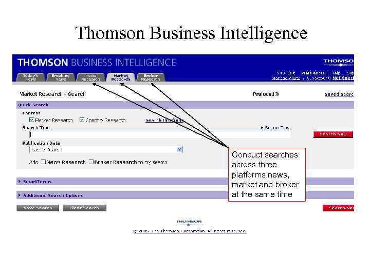 Thomson Business Intelligence Conduct searches across three platforms news, market and broker at the