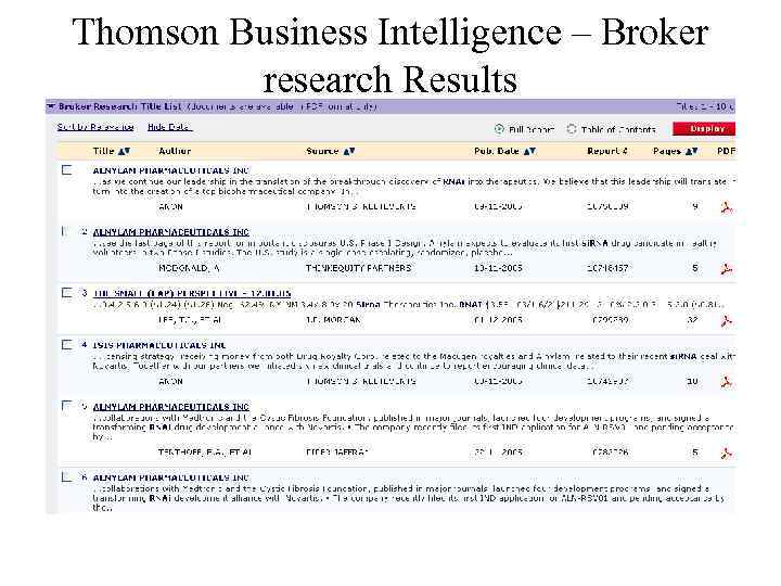 Thomson Business Intelligence – Broker research Results RNAi and Si. RNA – Table of