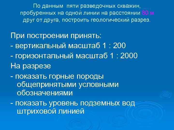 По данным пяти разведочных скважин, пробуренных на одной линии на расстоянии 80 м друг