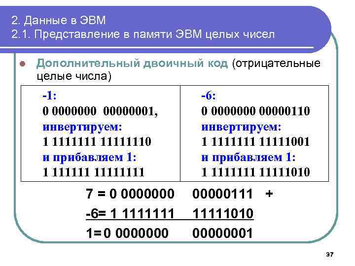 2. Данные в ЭВМ 2. 1. Представление в памяти ЭВМ целых чисел l Дополнительный
