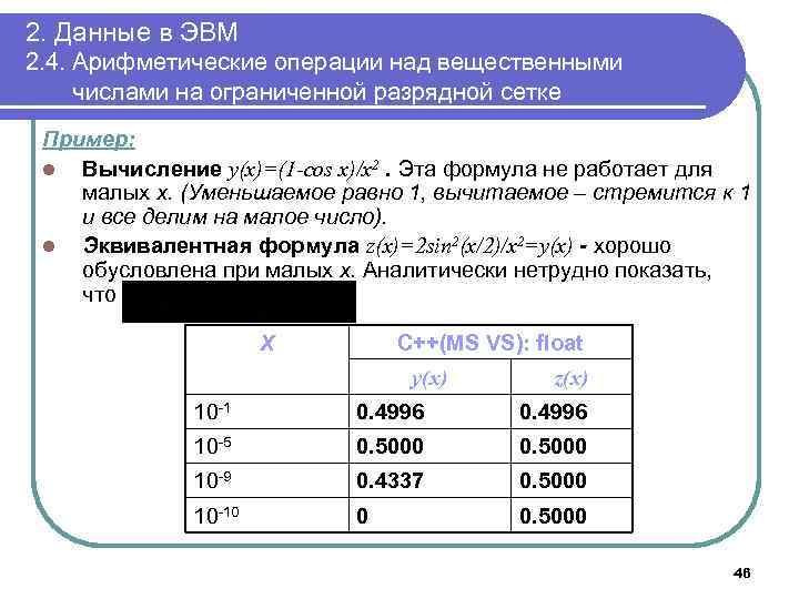 2. Данные в ЭВМ 2. 4. Арифметические операции над вещественными числами на ограниченной разрядной