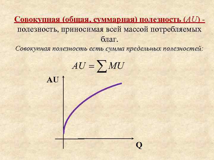 Совокупная (общая, суммарная) полезность (АU) - полезность, приносимая всей массой потребляемых благ. Совокупная полезность