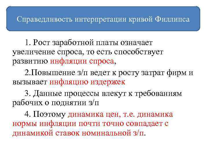 Справедливость интерпретации кривой Филлипса 1. Рост заработной платы означает увеличение спроса, то есть способствует