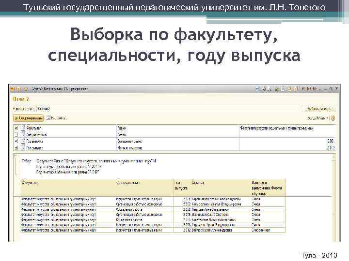 Тульский государственный педагогический университет им. Л. Н. Толстого Выборка по факультету, специальности, году выпуска