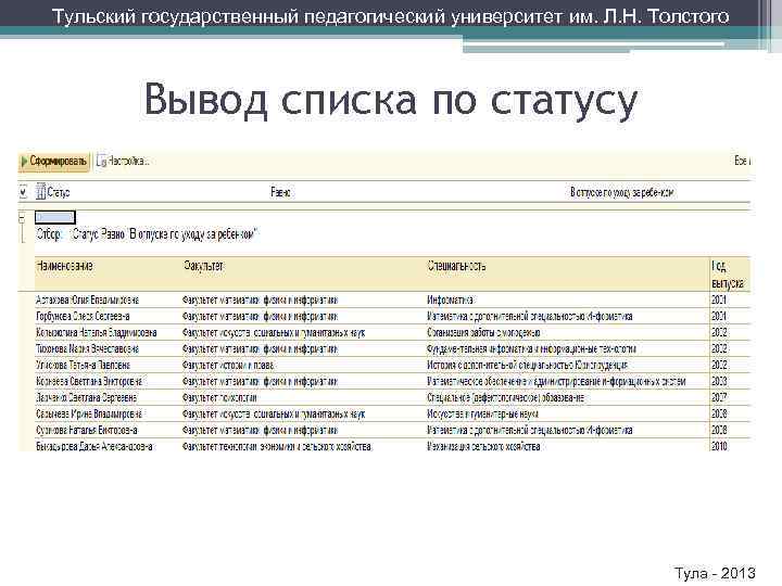 Тульский государственный педагогический университет им. Л. Н. Толстого Вывод списка по статусу Тула -