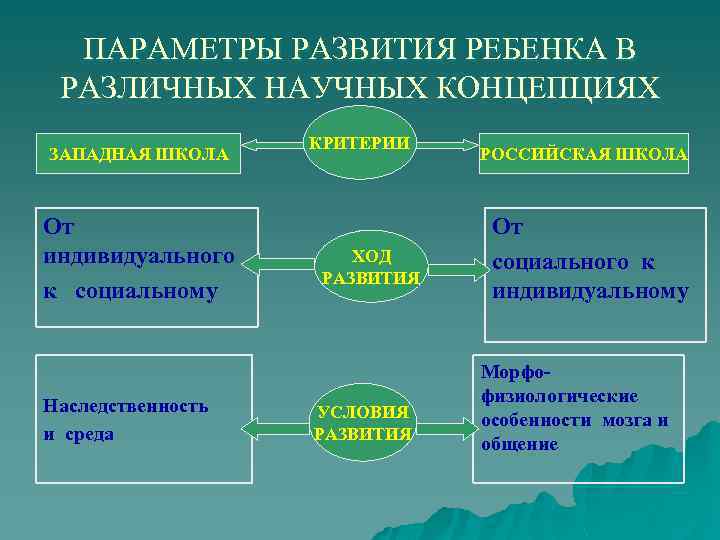 ПАРАМЕТРЫ РАЗВИТИЯ РЕБЕНКА В РАЗЛИЧНЫХ НАУЧНЫХ КОНЦЕПЦИЯХ ЗАПАДНАЯ ШКОЛА От индивидуального к социальному Наследственность