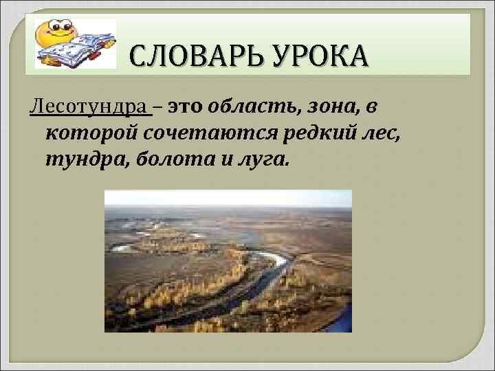 СЛОВАРЬ УРОКА Лесотундра – это область, зона, в которой сочетаются редкий лес, тундра, болота