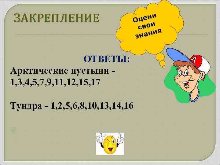 ЗАКРЕПЛЕНИЕ ОТВЕТЫ: Арктические пустыни - 1, 3, 4, 5, 7, 9, 11, 12, 15,