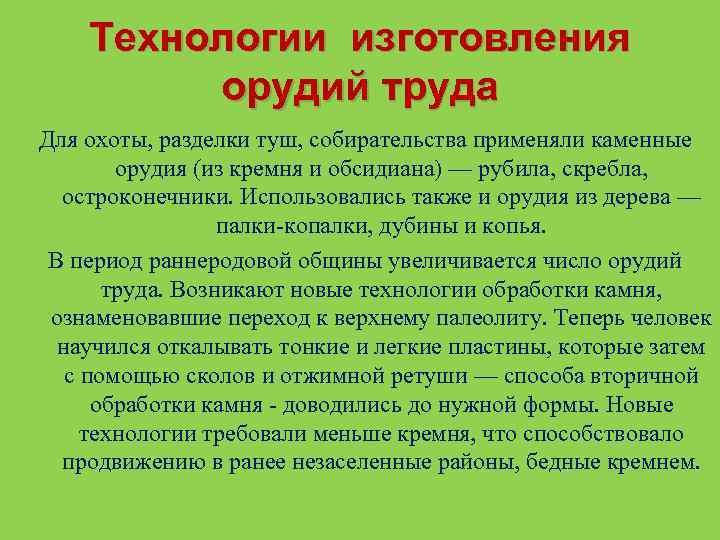 Технологии изготовления орудий труда Для охоты, разделки туш, собирательства применяли каменные орудия (из кремня