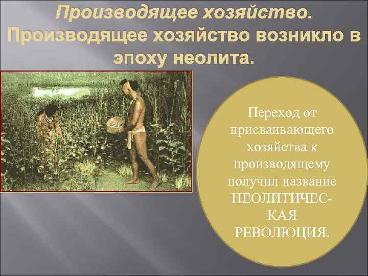 Производящее хозяйство возникло в эпоху неолита. Переход от присваивающего хозяйства к производящему получил название