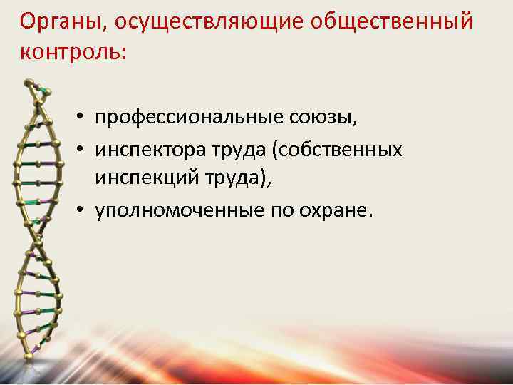 Органы, осуществляющие общественный контроль: • профессиональные союзы, • инспектора труда (собственных инспекций труда), •