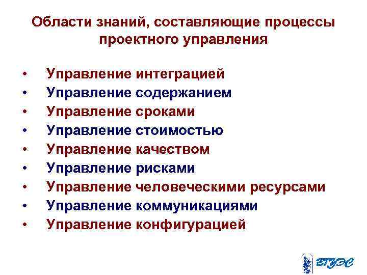 Области знаний, составляющие процессы проектного управления • • • Управление интеграцией Управление содержанием Управление