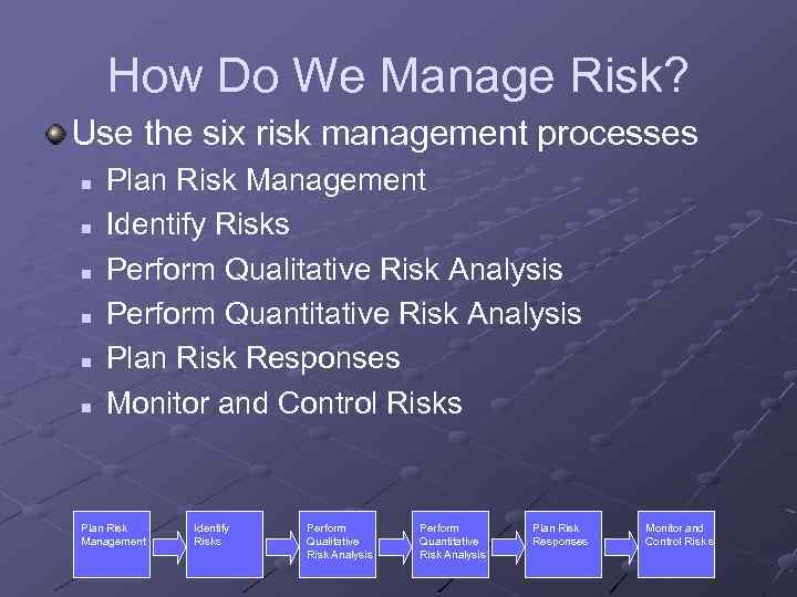 How Do We Manage Risk? Use the six risk management processes n n n