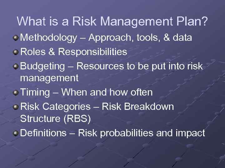What is a Risk Management Plan? Methodology – Approach, tools, & data Roles &