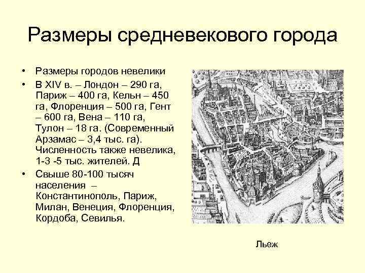 Размеры средневекового города • Размеры городов невелики • В XIV в. – Лондон –
