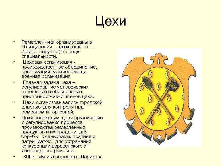 Цехи • • • Ремесленники организованы в объединения – цехи (цех – от –
